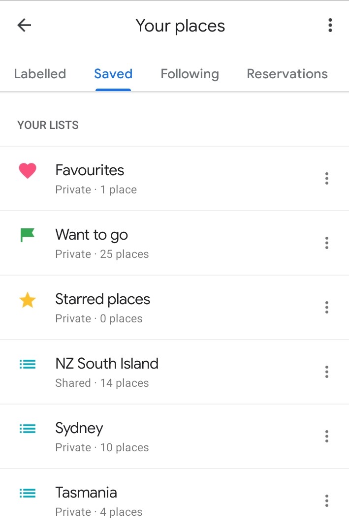 Google Maps Your Places List