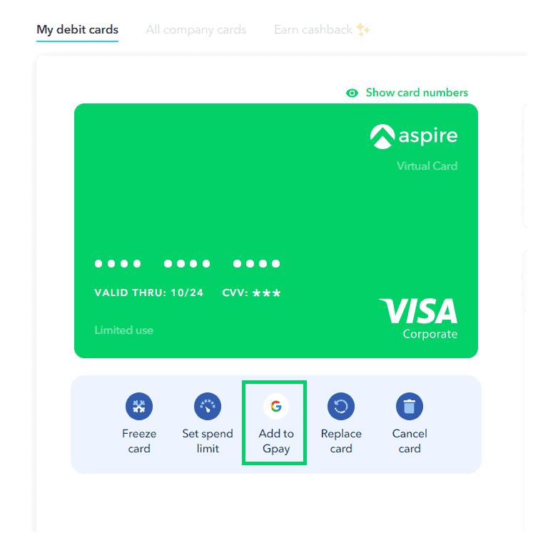 Aspire Virtual Card Add to gPay