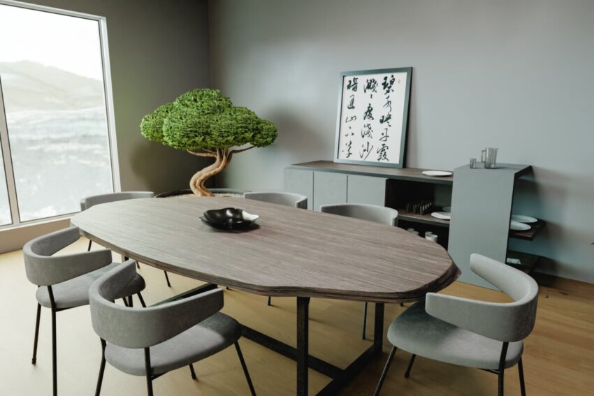 Room with a wooden table, a Japanese picture and a bonsai tree 3d render