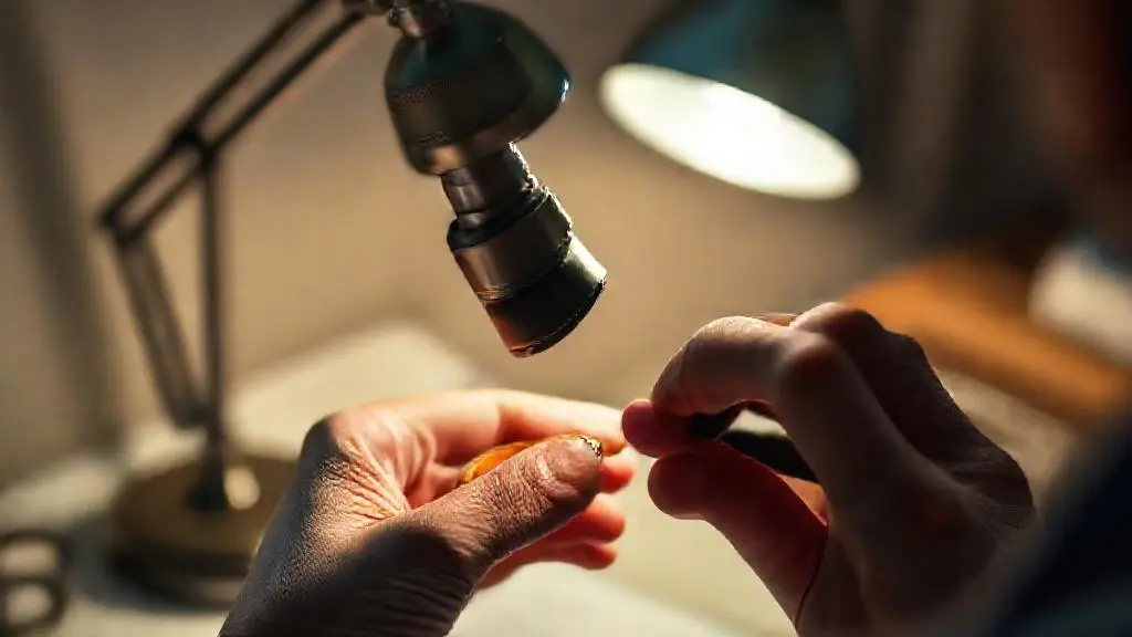 A person using a jeweler's loupe to inspect the clasp of a vintage gold bracelet under a desk lamp, with a soft focus background.