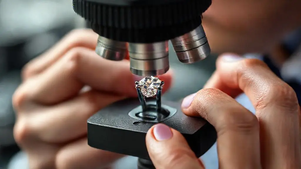 Close-up of a jeweler's hands checking the prongs of a diamond ring setting with a microscope.