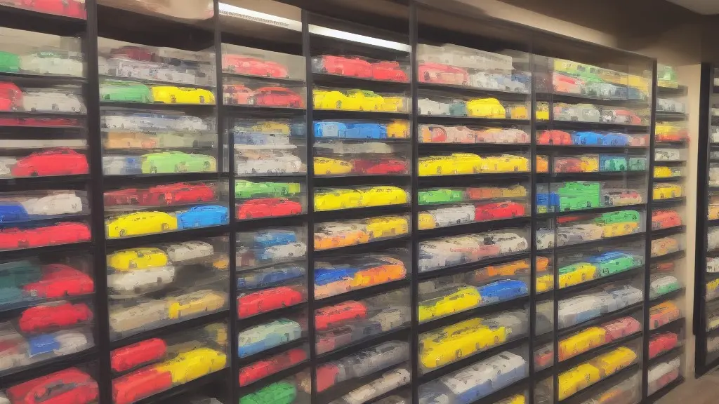 A glass display case or shelf unit with neatly arranged diecast cars, some on stands, with lighting, showing organization and a variety of models.