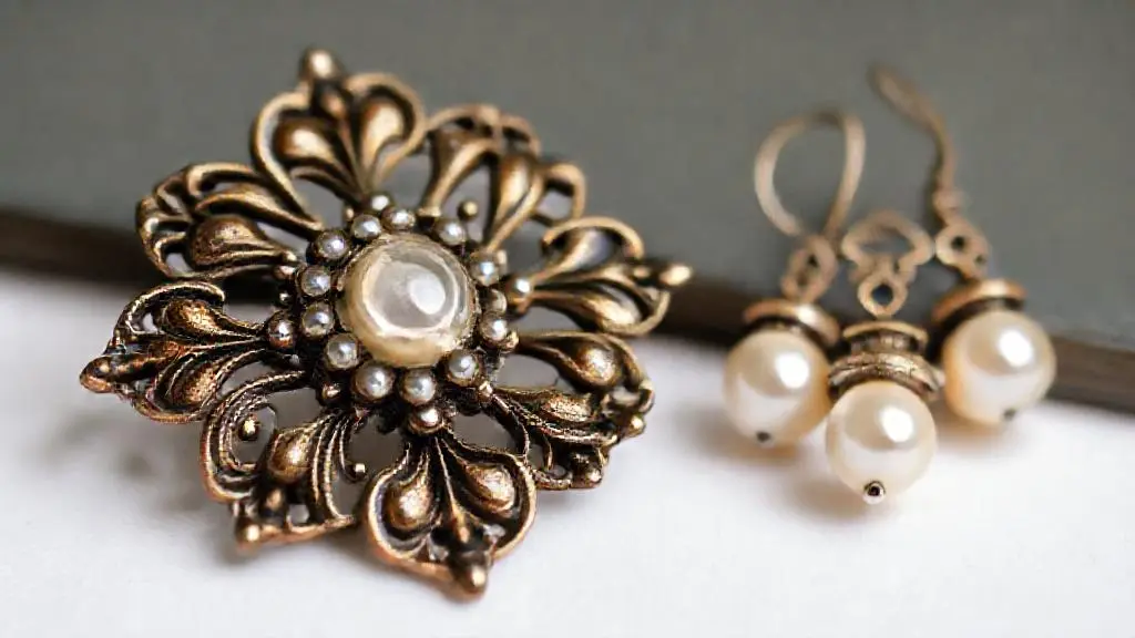 Close-up shot of a uniquely designed vintage brooch and a pair of pearl earrings focusing on their intricate details and patina.