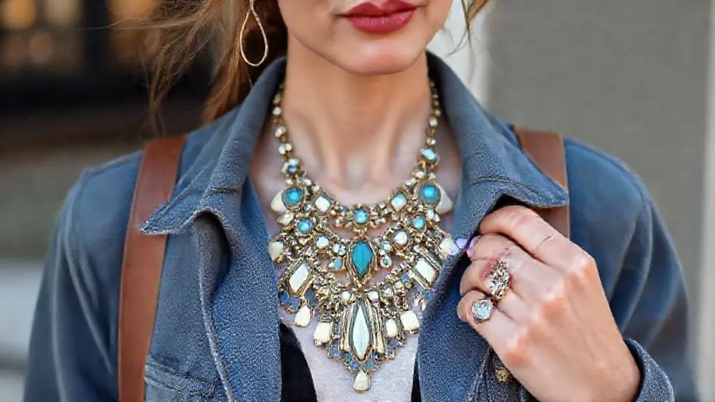 A fashion blogger styled in a casual chic outfit wearing a statement vintage necklace and stackable rings, showing how to mix old and new.